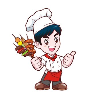 卡通年轻男性厨师拿烤串形象