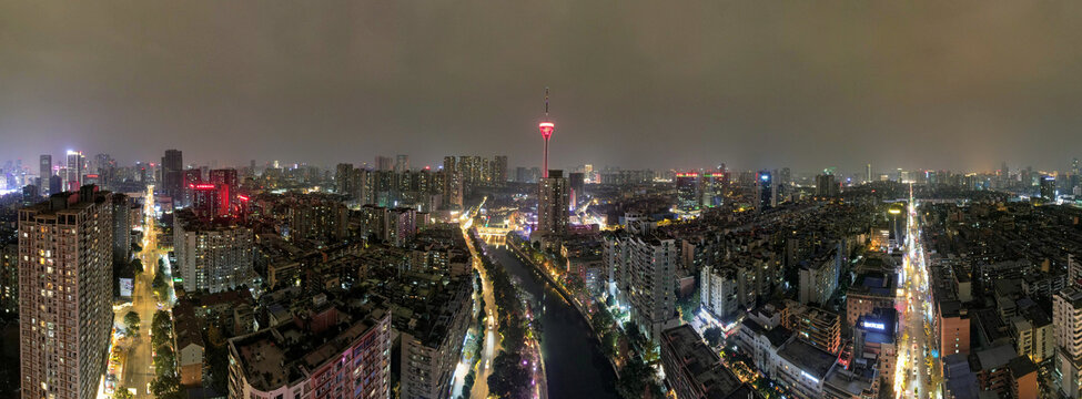 成都天府熊猫塔夜景航拍全景图