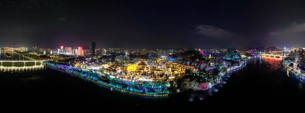 广西柳州城市夜景灯光航拍全景图