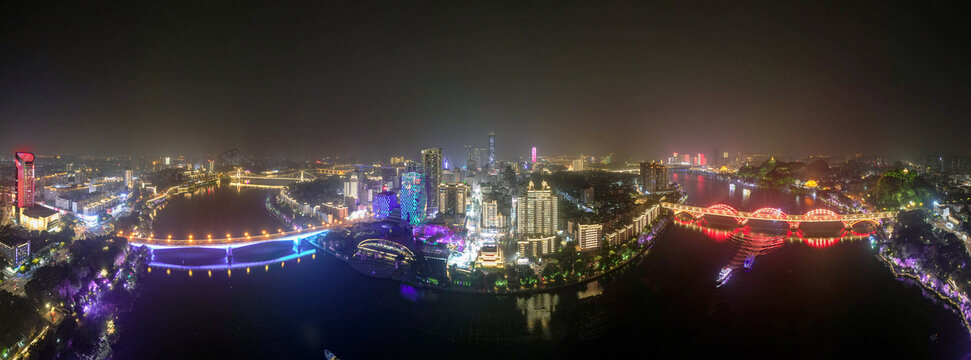 广西柳州城市夜景灯光航拍全景图