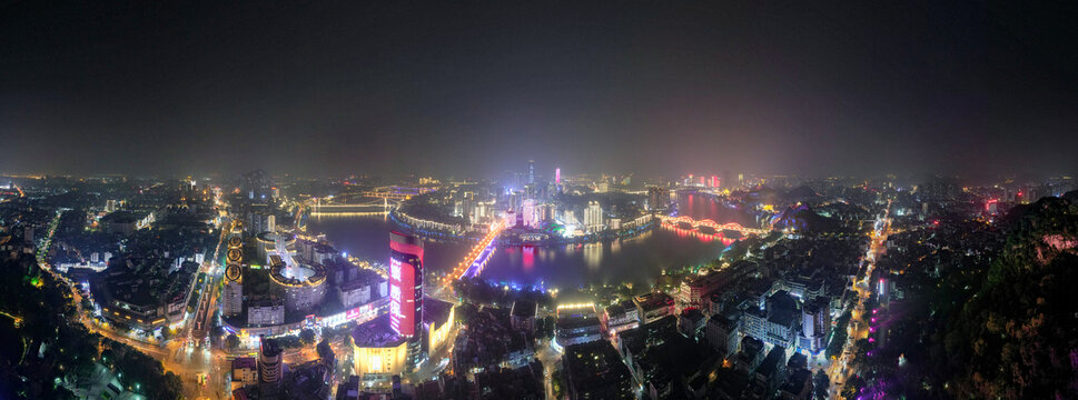 广西柳州城市夜景航拍全景图