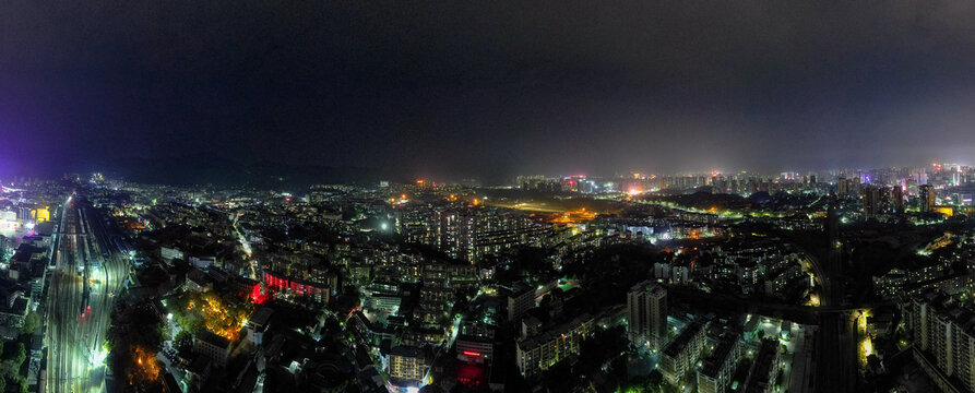 湖南怀化城市夜景航拍全景图