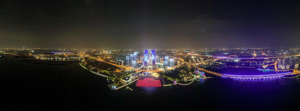 江苏苏州东方之门夜景航拍全景图