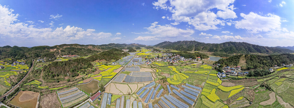 山川丘陵美丽乡村田园油菜花