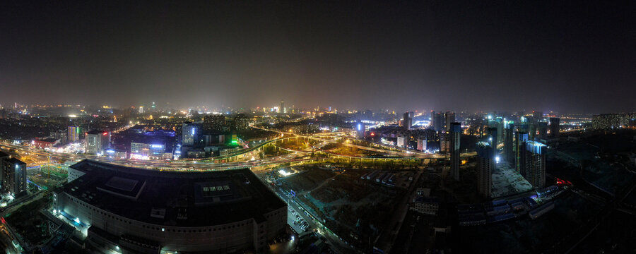 山东济南城市夜景航拍全景图