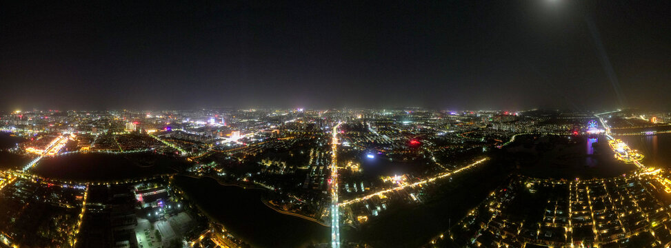 山东聊城城市夜景航拍全景图