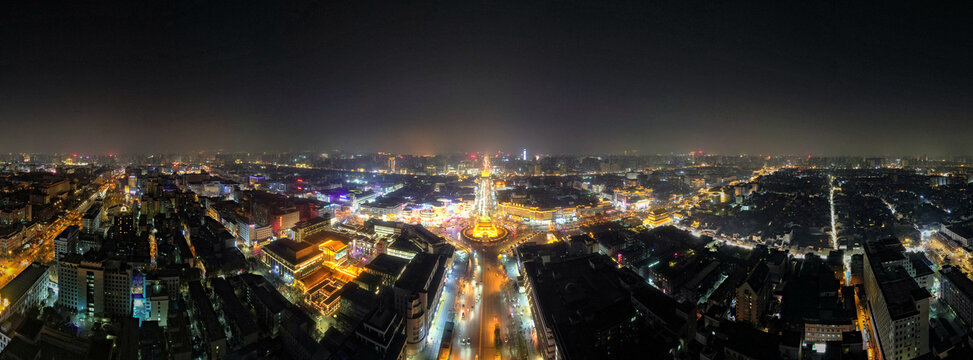 西安钟楼夜景灯光航拍全景图