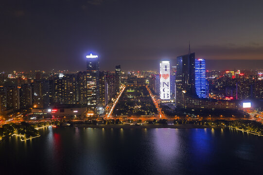 合肥天鹅湖航拍城市风光夜景