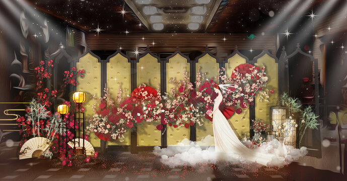 红色新中式风婚礼室内仪式区