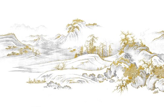 新中式大气线描鎏金山水背景墙