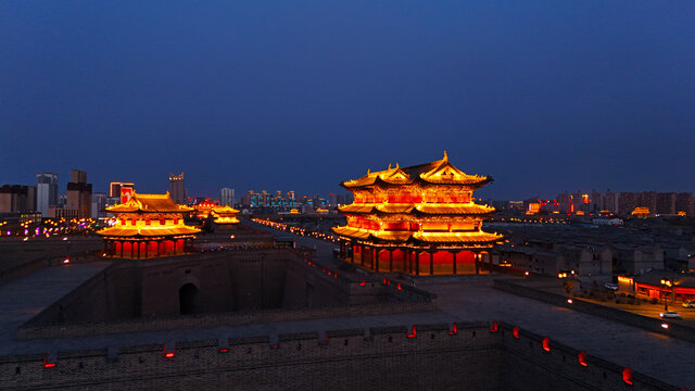 航拍大同古城夜景