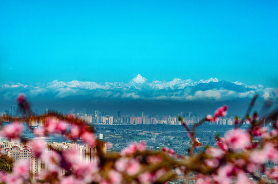 成都龙泉山远眺城市雪山