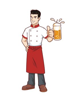 卡通年轻男性厨师喝啤酒形象