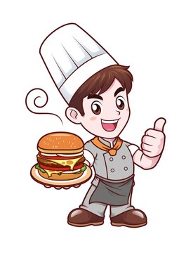 卡通年轻男性厨师端汉堡形象