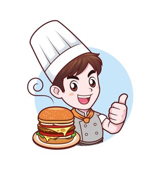 卡通年轻男性厨师端汉堡头像