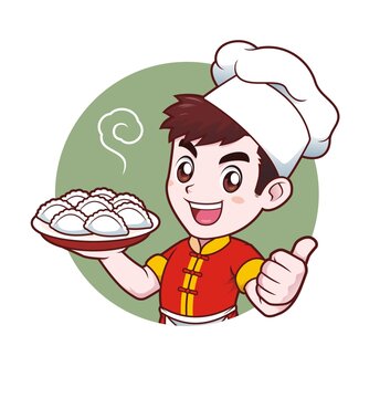 卡通年轻男厨师端饺子头像矢量图