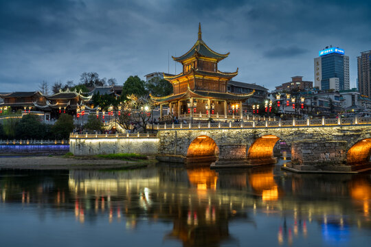 贵州贵阳地标建筑甲秀楼夜景