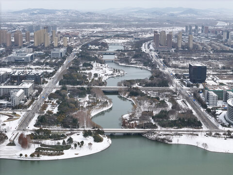 航拍徐州大龙湖雪景