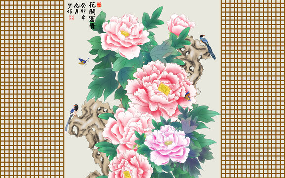 牡丹花电视背景墙