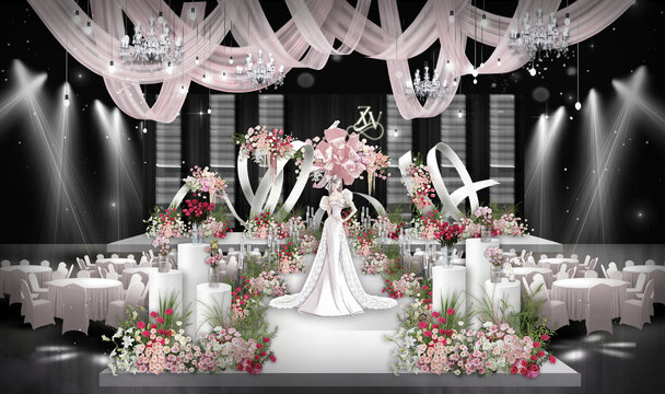 粉色韩式水晶婚礼舞台效果图