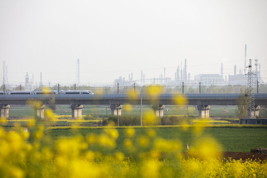 穿过田野的高铁列车