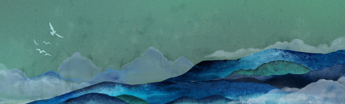 中国风创意岩彩山水插画