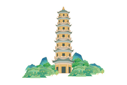 国风瑞云塔建筑手绘插画