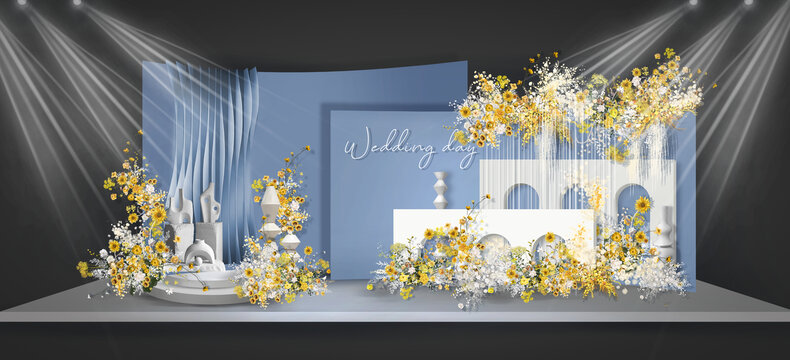 蓝黄色撞色婚礼舞台效果图