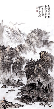 水墨淡彩山水画