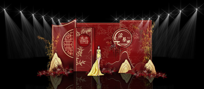 新中式婚礼红金迎宾效果图