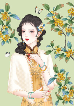 国潮旗袍美女插画