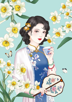 国潮旗袍美女插画