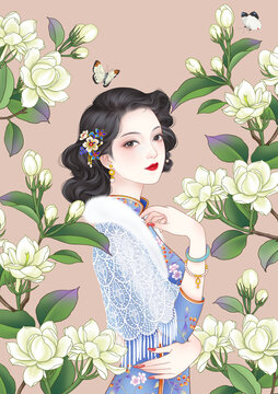 国潮旗袍美女插画