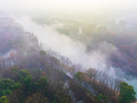 航拍下的西溪湿地晨雾及秋色风光