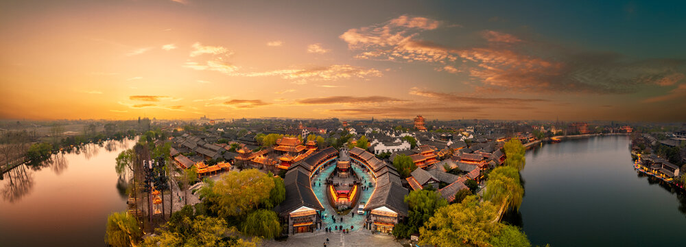 山东枣庄台儿庄古城夜景航拍