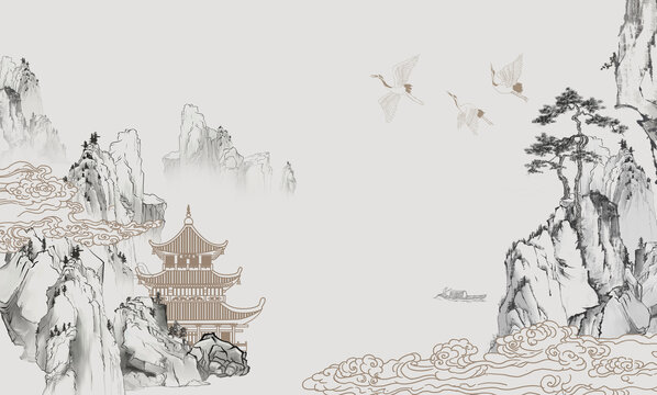 中式线描山水装饰画