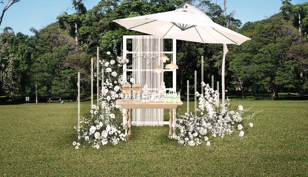 户外草坪婚礼白色甜品区遮阳伞