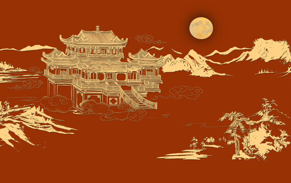 新中式复古山水楼阁背景壁画硬包