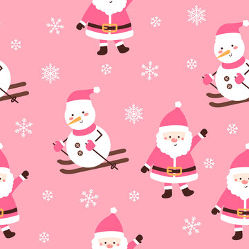 卡通粉色圣诞老人雪人平铺背景