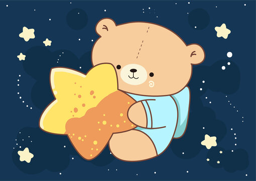 卡通太空小熊抱着星星矢量插画