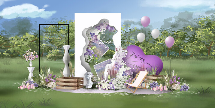 白绿紫色油画风户外婚礼效果图