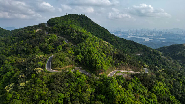 航拍深圳阳台山公园盘山路