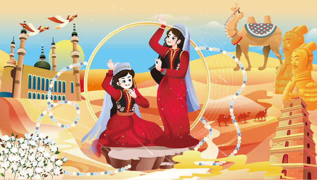 新疆美女舞蹈丝绸之路西安矢量画