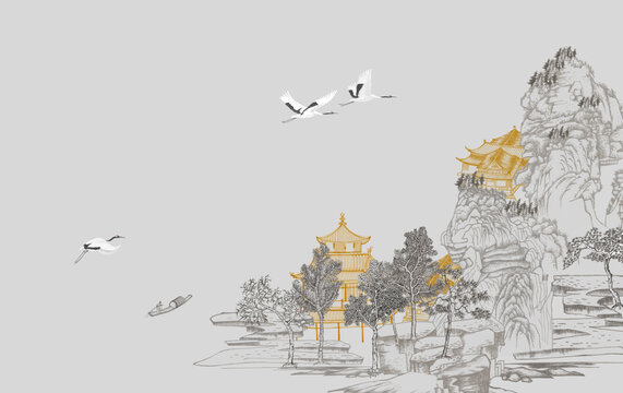 新中式山水楼阁背景墙壁画