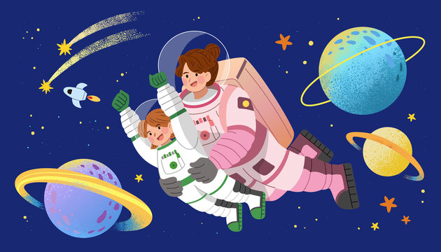 太空旅行的宇航员母女与宇宙行星素材集合