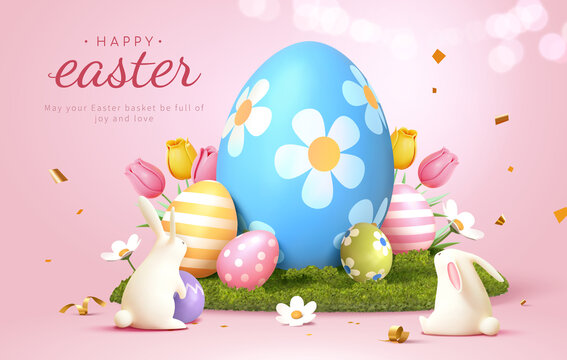 巨大彩蛋与兔子粉红色复活节贺图