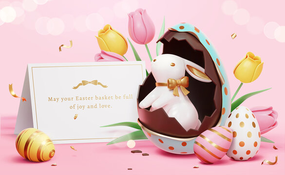 三维复活节巧克力彩蛋与陶瓷兔子横幅