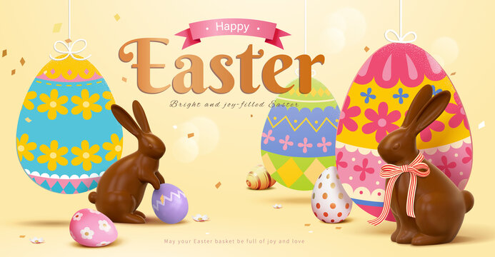 三维复活节巧克力兔子与剪纸彩蛋贺图