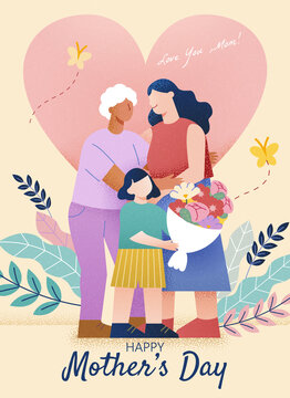 手绘三代女性相互拥抱母亲节海报