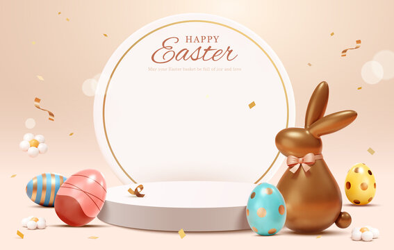 三维白色展台旁的复活节彩蛋与巧克力兔子